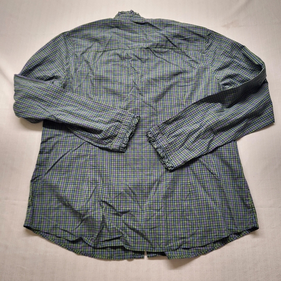 LL Bean Women Shirt XL Green Plaid Ruffle Button Up Band Collar Cottage Classic - Picture 11 of 11